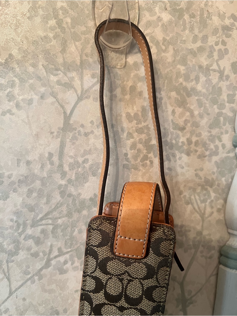 Vintage Coach Brown Signature Mini Crossbody Phone Pouch with Tan Trim